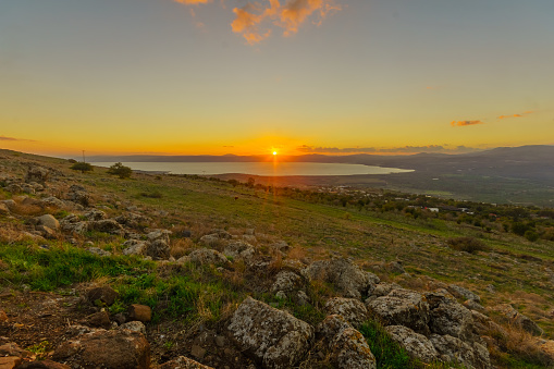 Sunset view from the north of the Sea of Galilee (Kinneret Lake). Northern Israel