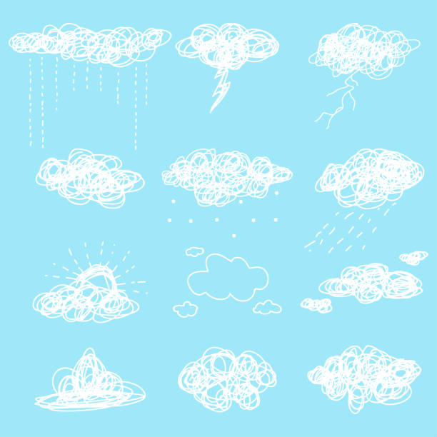 태양, 비, 눈, 번개와 구름 낙서 벡터 간단한 스케치 아이콘에 고립 된 파란색 배경을 설정합니다. - thunderstorm rain sun lightning stock illustrations