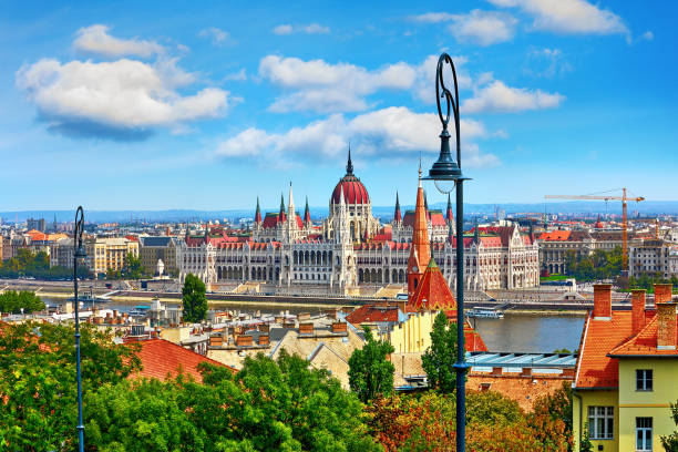 Hungarian parliament building in Budapest Hungarian parliament building at Danube river in Budapest city, Hungary. Blue sky with clouds and green tree leaves. panoramic riverbank architecture construction site stock pictures, royalty-free photos & images