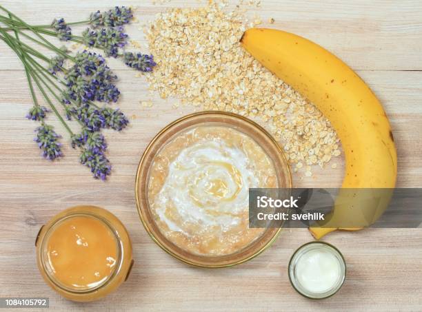 Face Mask From Oatmeal Yogurt Banana And Honey Stock Photo - Download Image Now - Alternative Lifestyle, Alternative Medicine, Banana