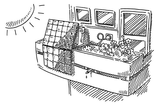 persönlichen solarenergie auf balkon mieter haus zeichnung - balkon stock-grafiken, -clipart, -cartoons und -symbole