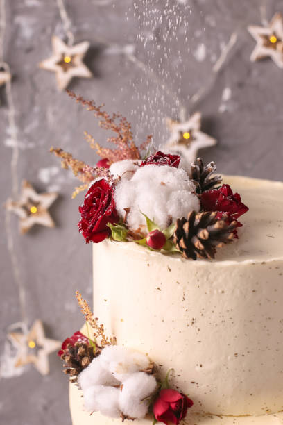 gâteau de noël avec des fleurs et du chocolat. détails de mariage - gâteau de mariage.  gâteau d’hiver avec cônes - wedding reception wedding cake wedding cake photos et images de collection