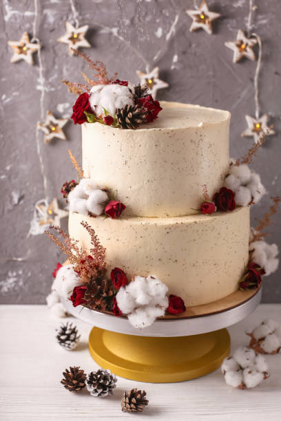 gâteau de noël avec des fleurs et du chocolat. détails de mariage - gâteau de mariage.  gâteau d’hiver avec cônes - wedding reception wedding cake wedding cake photos et images de collection