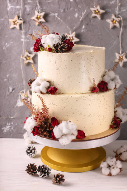 gâteau de noël avec des fleurs et du chocolat. détails de mariage - gâteau de mariage.  gâteau d’hiver avec cônes - wedding reception wedding cake wedding cake photos et images de collection