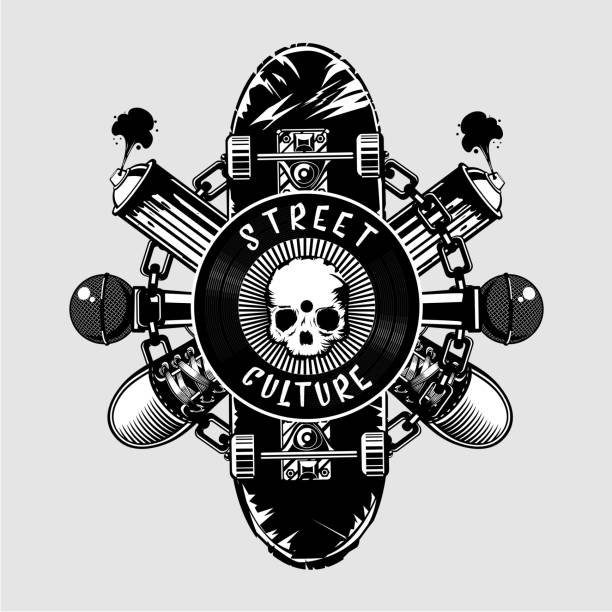 Street culture poster with skull and skateboard Street culture poster with skull and skateboard. Urban lifestyle. Hip-hop poster. Black tatttoo skateboard tattoo stock illustrations