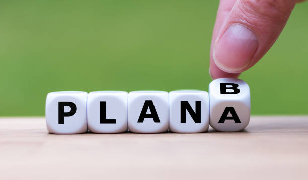 Time for Plan B. Hand is turning a dice and changes the word "Plan A" to "Plan B" stock photo