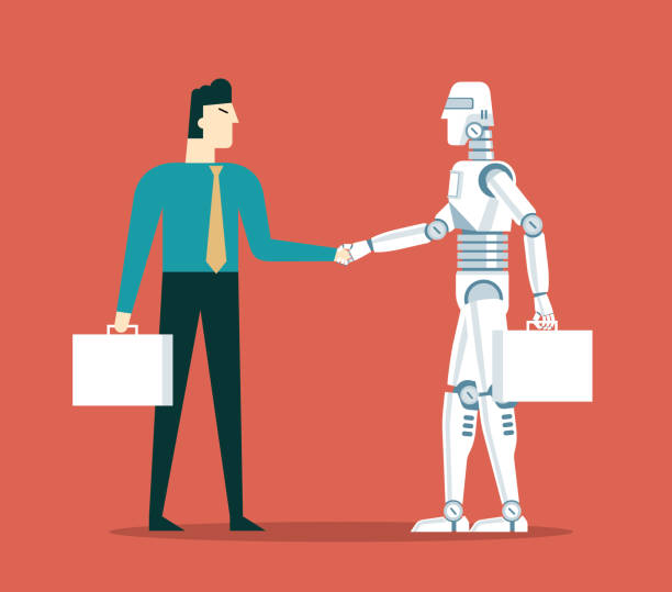 Businessman and robot shaking hands Businessman and robot shaking hands. Human and artificial intelligent partnership concept funny contract stock illustrations
