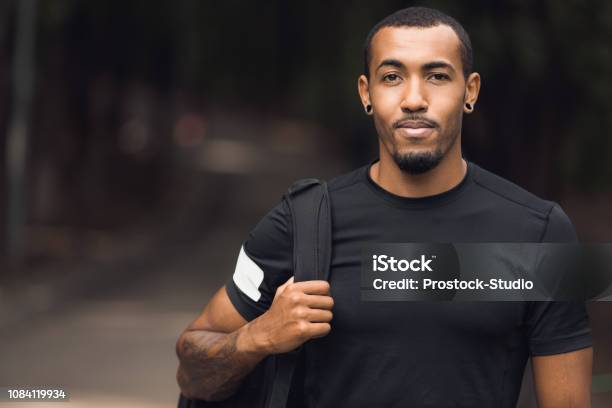 Muscular Africanamerican Man Posing Outside After Workout Stock Photo - Download Image Now