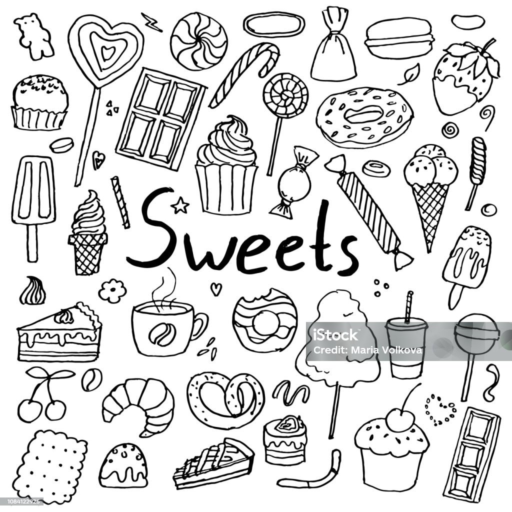 Satz Von Hand Gezeichnet Doodle Süßigkeiten Stock Vektor Art und mehr
