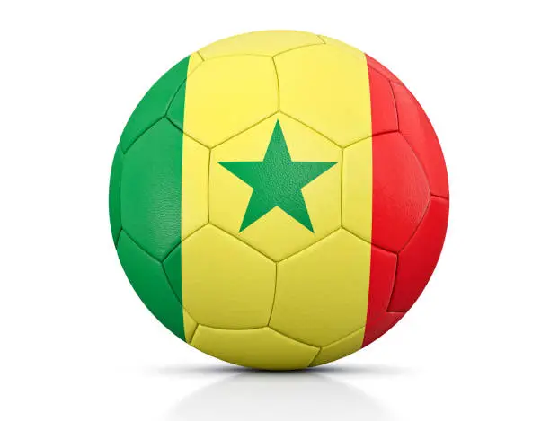 Photo of Soccer Ball, Classic soccer ball painted with the colors of the flag of Senegal and apparent leather texture in studio, 3D illustration