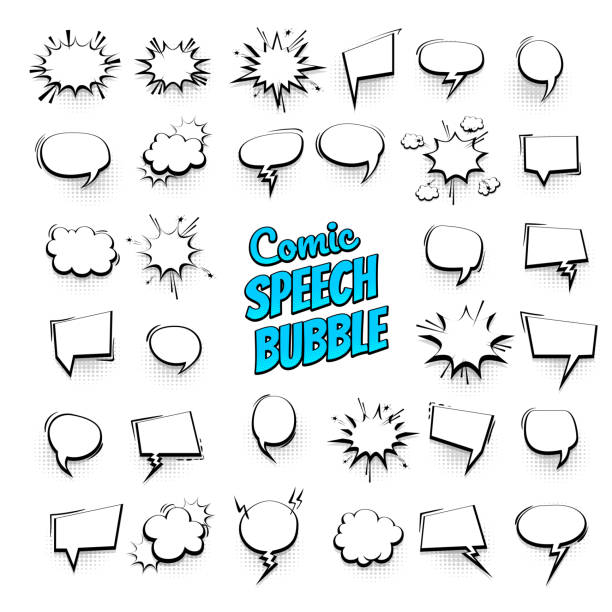 Big set hand drawn effects comic speech bubbles Big set hand drawn monochrome blank effects template comic speech bubbles halftone dot vector background in pop art style. Dialog empty cloud, space for text. Creative comics book conversation chat silly stock illustrations