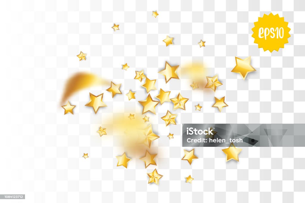 Golden holiday star confetti random falling Random falling golden star glitter transparent sparkle background. Christmas banner, New Year greeting, invitation, postcard. Shimmer vector illustration. Abstract stock vector