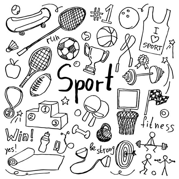 reihe von hand gezeichnet doodle sport icons - basketball vector sports equipment ball stock-grafiken, -clipart, -cartoons und -symbole