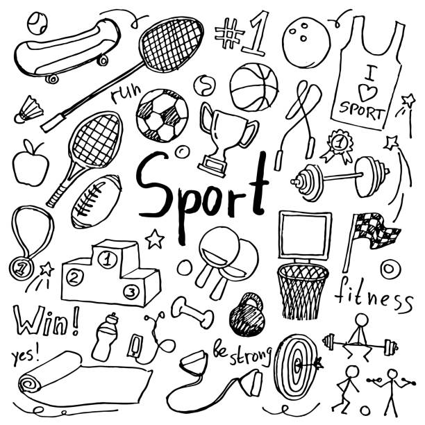 illustrations, cliparts, dessins animés et icônes de ensemble d’icônes de sport doodle dessinés à la main - medal soccer success winning