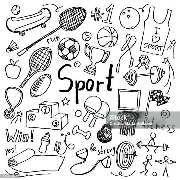 Set Of Hand Drawn Doodle Sport Icons - Arte vetorial de stock e mais imagens de Desporto - Desporto, Rabisco - Desenho, Desenho