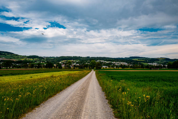 istock Road Passing Through Field Against Cloudy Sky 1084126470