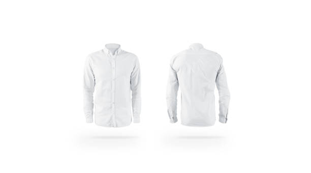 Blank white weared classic mens shirt mockup set, front back Blank white weared classic mens shirt mockup set, front back view, isolated. Empty male cotton apparel mock up. Clear blouse with collar and sleeve template for store branding. blouse stock pictures, royalty-free photos & images