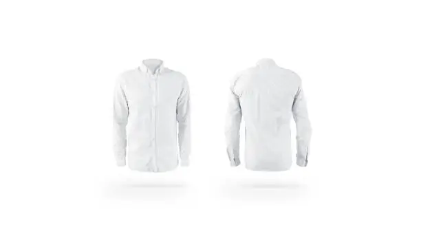Blank white weared classic mens shirt mockup set, front back view, isolated. Empty male cotton apparel mock up. Clear blouse with collar and sleeve template for store branding.