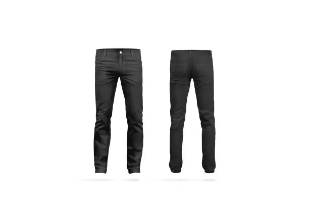 Blank black mens pants mock up, isolated, front and back side view. Empty classic male trousers mockup. Clear denim clothing for work template. Casual jeans for office uniform.