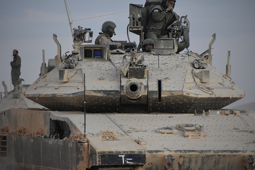 Sde Boker, Israel: December 17, 2018:In the picture you can see the new Israeli tank - Merkava Mark 4 . Merkava Mark 4 is the fourth and most advanced model of the Merkava tank. The photograph was taken on Road 40, 5 minutes drive north of Sde Boker