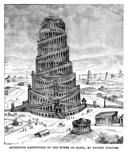 ilustraciones, imágenes clip art, dibujos animados e iconos de stock de intento de restitución de la torre de babel por padre kircher - torre de babel