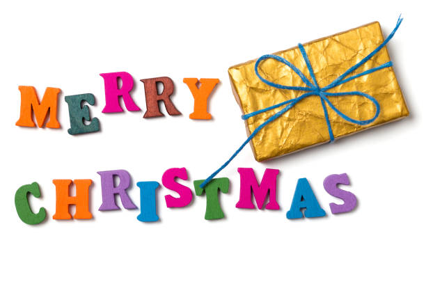 Merry Christmas greeting message with gold gift box isolated on white