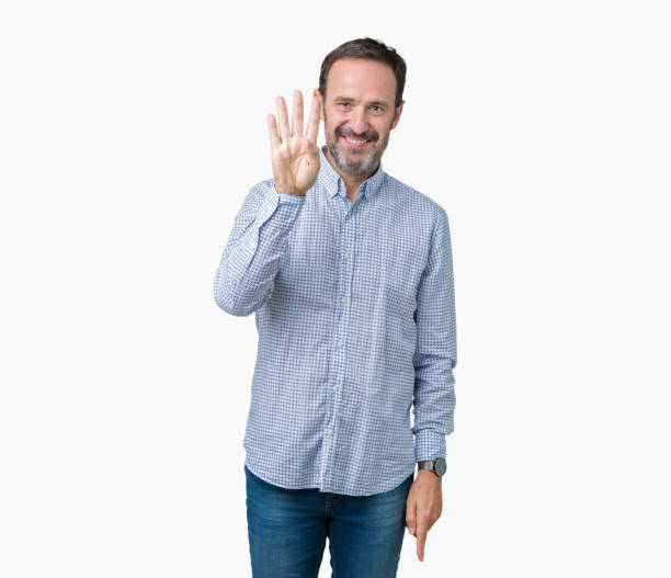 istock Handsome middle age elegant senior man over isolated background showing and pointing up with fingers number four while smiling confident and happy. 1084162444
