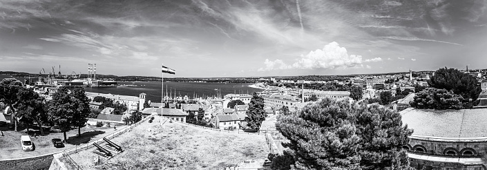 Panoramic photo from Venetian fortress, Pula, Istria, Croatia. Travel destination. Black and white photo.