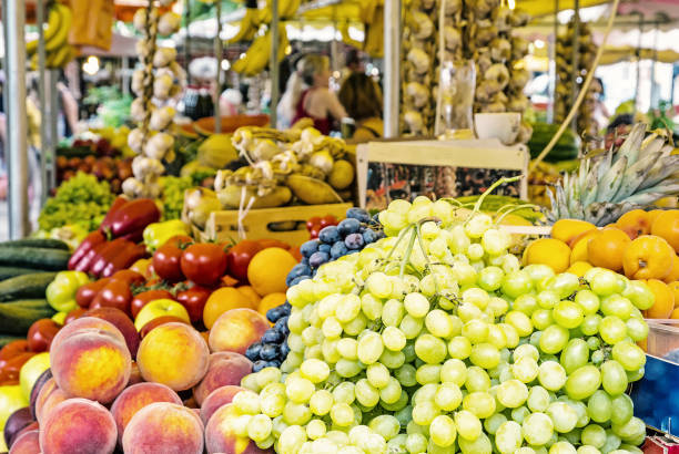 Fresh fruit in market hall, old town Trogir, Croatia stock photo