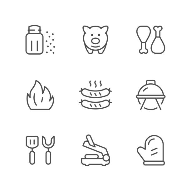 ilustraciones, imágenes clip art, dibujos animados e iconos de stock de iconos de la línea set de parrilla - salt sausage fire flame