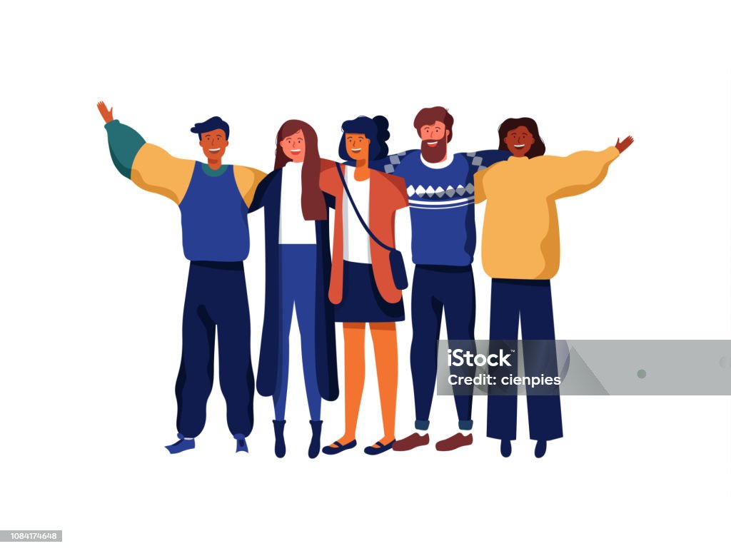 Diverse young people group of friends Diverse friend group of people hugging together for special event celebration. Girls and boys team hug on isolated white background with copy space. Friendship stock vector