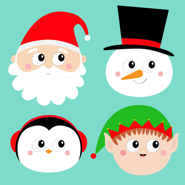 illustrazioni stock, clip art, cartoni animati e icone di tendenza di buon natale. capodanno. set di icone della testa rotonda di babbo natale elf snowman penguin. carino cartone animato divertente personaggio spettrale bambino. biglietto d'auguri. design piatto sfondo blu. - baby carrot illustrations