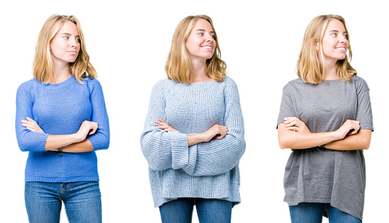Collage of beautiful blonde woman over white isolated background smiling looking to the side with arms crossed convinced and confident