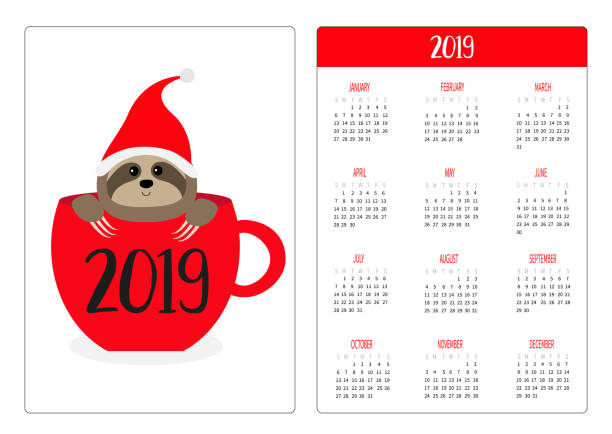 illustrations, cliparts, dessins animés et icônes de paresse, assis dans la tasse de thé café rouge. poche simple calendrier mise en 2019 nouvel an. la semaine commence le dimanche. personnage de dessin animé mignon. orientation verticale. design plat. fond blanc. - day of the week