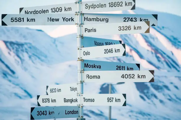 Big pole with directions signs and distances to cities of the world. Blue sky, mountains covered with snow. Longyearbyen, Spitsbergen, Norway