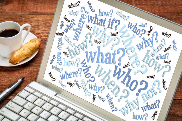 questions word cloud on laptop who, what, when, where, why, how questions - brainstorming concept  - word cloud on a laptop screen with a cup of coffee word cloud photos stock pictures, royalty-free photos & images