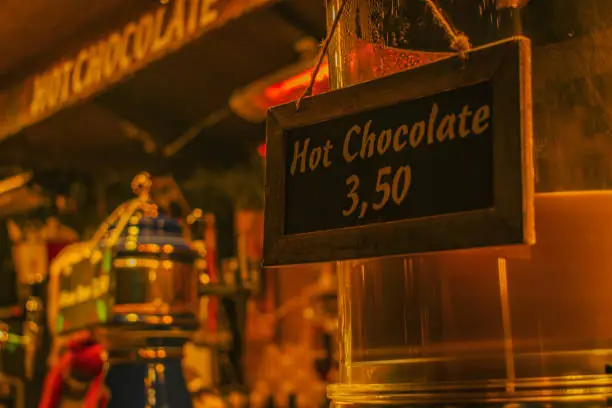 Photo of Hot Chocolate Sign at the Edinburgh Christmas Market Fair Hot Chocolate Street Food