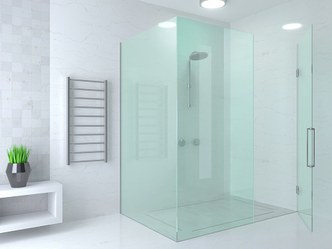 3d illustration. Modern glass shower room. Ceramic tile finishing. Home and interior. Glass doors. Decor and equipment