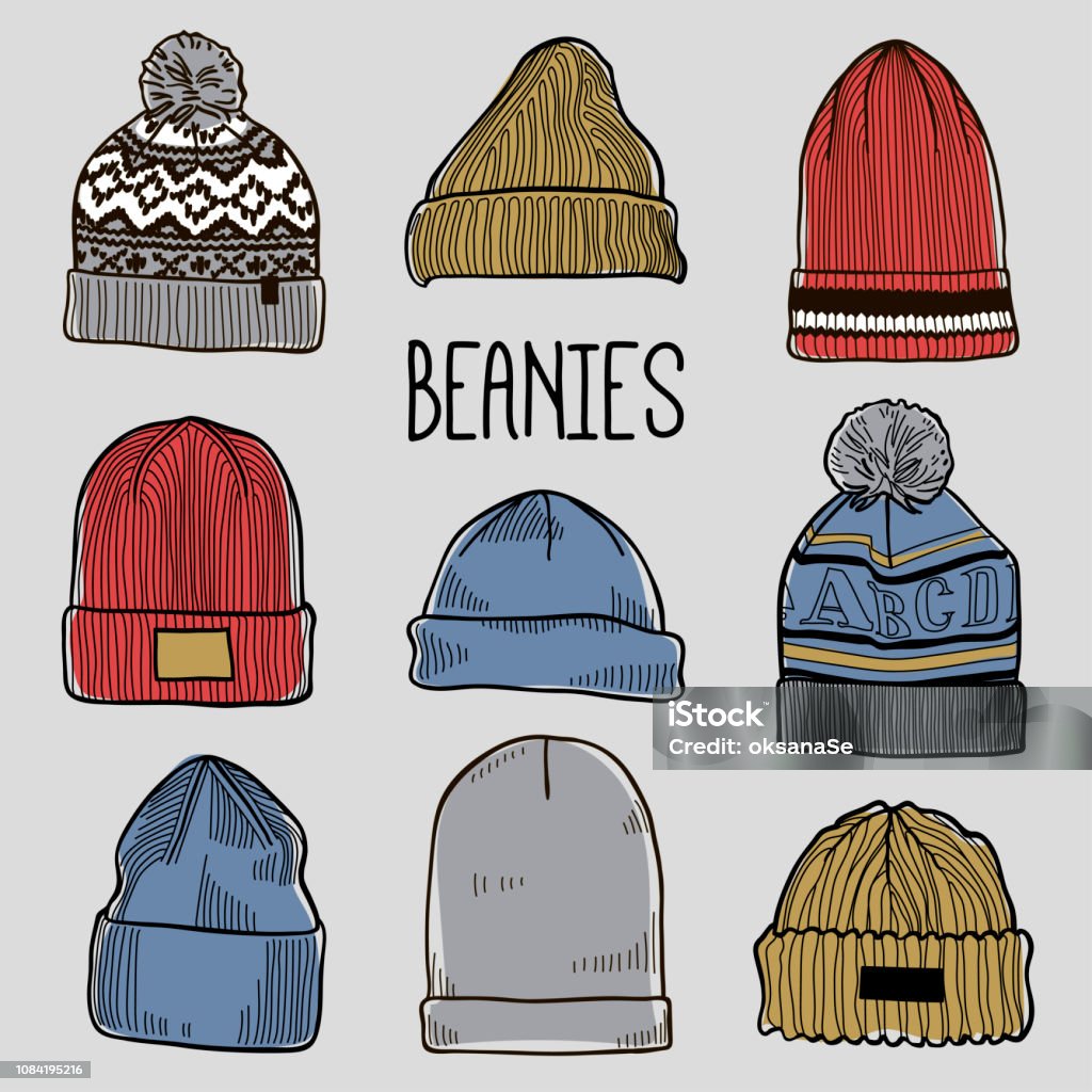 Set of fashion men's caps and hats sketches: baseball caps, snap-back cap, trucker cap, baker boy cap, knitted hats, hats with a pom pom, sports hats, fisherman beanie, bucket hat Colored vector Knit Hat stock vector