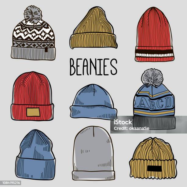 Set Of Fashion Mens Caps And Hats Sketches Baseball Caps Snapback Cap Trucker Cap Baker Boy Cap Knitted Hats Hats With A Pom Pom Sports Hats Fisherman Beanie Bucket Hat Stock Illustration - Download Image Now