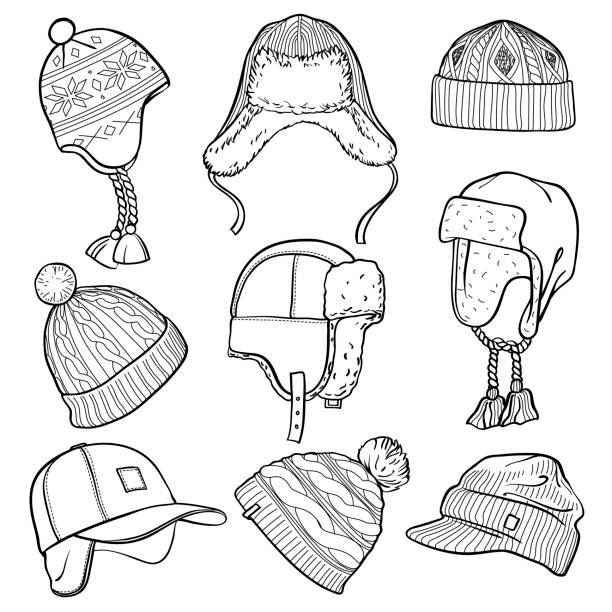 ilustraciones, imágenes clip art, dibujos animados e iconos de stock de conjunto de 9 dibujos de gorras y sombreros de invierno: sombreros con un pom pom, gorro pescador, sombreros hechos punto, gorra de béisbol, sombrero de la aleta del oído - knit hat