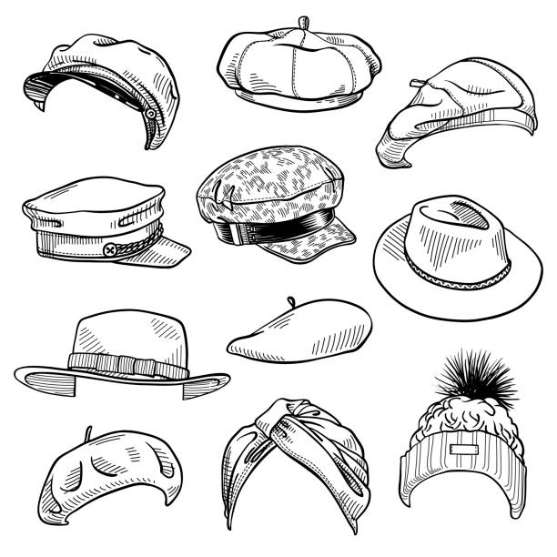 Set of 11 fashion women's hats sketches: turban hat, knit beanie with fur pom pom, baker boy hat, felt boater hat, fedora, beret Vector ink hand drawn illustration isolated on white background beret stock illustrations