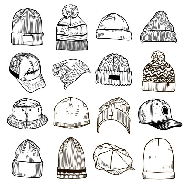 ilustrações de stock, clip art, desenhos animados e ícones de set of fashion men's caps and hats sketches: baseball caps, snap-back cap, trucker cap, baker boy cap, knitted hats, hats with a pom pom, sports hats, fisherman beanie, bucket hat - baseball cap illustrations