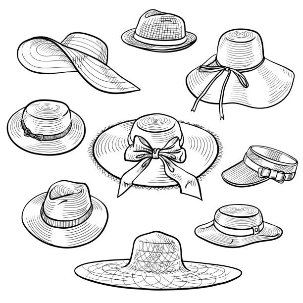 Set of 9 sketches of fashion women's straw hats Hand drawn vector illustration. Isolated hat illustrations stock illustrations