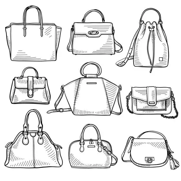 Vector illustration of Set of 9 sketches of ladies' handbags