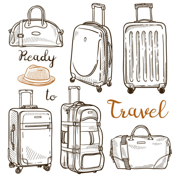 손으로 그린 스케치 여행 짐의 집합: 핸드백, 여행 가방, 여행 가방 - 호텔 일러스트 stock illustrations