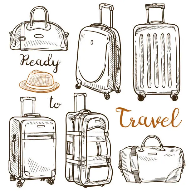 Vector illustration of Set of hand drawn sketches of travel luggage: handbags, suitcases, travel bags