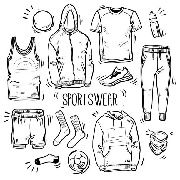 Vector illustration of Hand drawn set of men's sportswear sketches: hoodie, sweatshirt, joggers, shorts, t-shirts, tank top, socks, water bottle and trainer