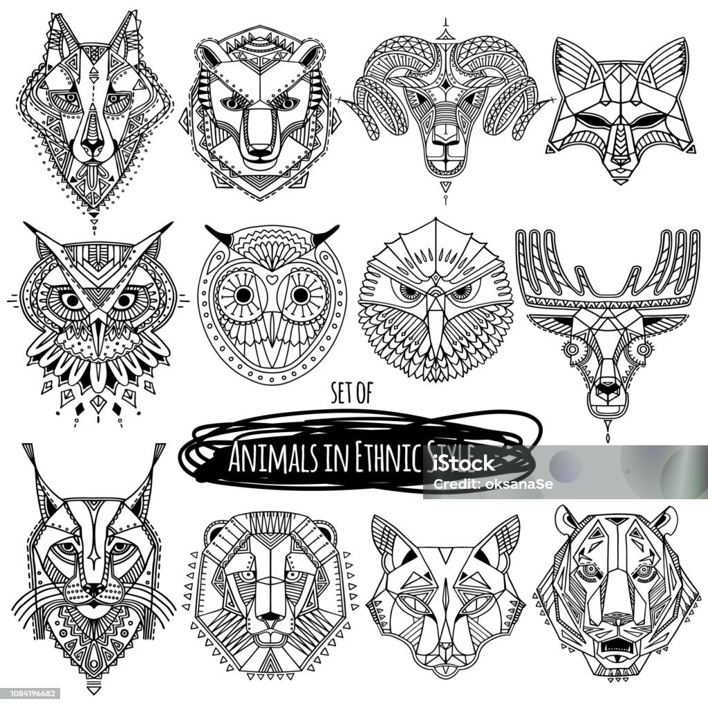 Set Of 12 Drawings Of Wild Animals In Ethnic Style Stock Illustration -  Download Image Now - Tattoo, Indigenous Culture, Wolf - iStock