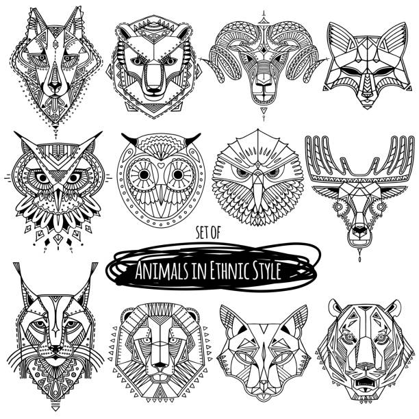 Set of 12 drawings of wild animals in ethnic style Vector hand drawn illustration, totem, tattoo design, ethnic logo tribals tattoos stock illustrations